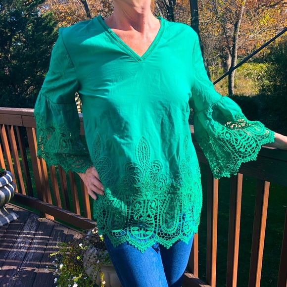 Chico's Tops - Chico’s Green Cutout Lace Top Shirt 1P,PM 8P-10P